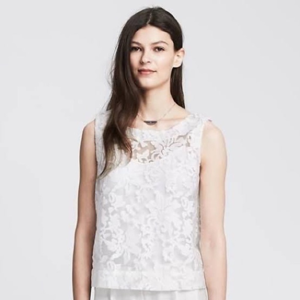 NWT Banana Republic White Sheer Floral  Embroidered V-back Tank Top Size L